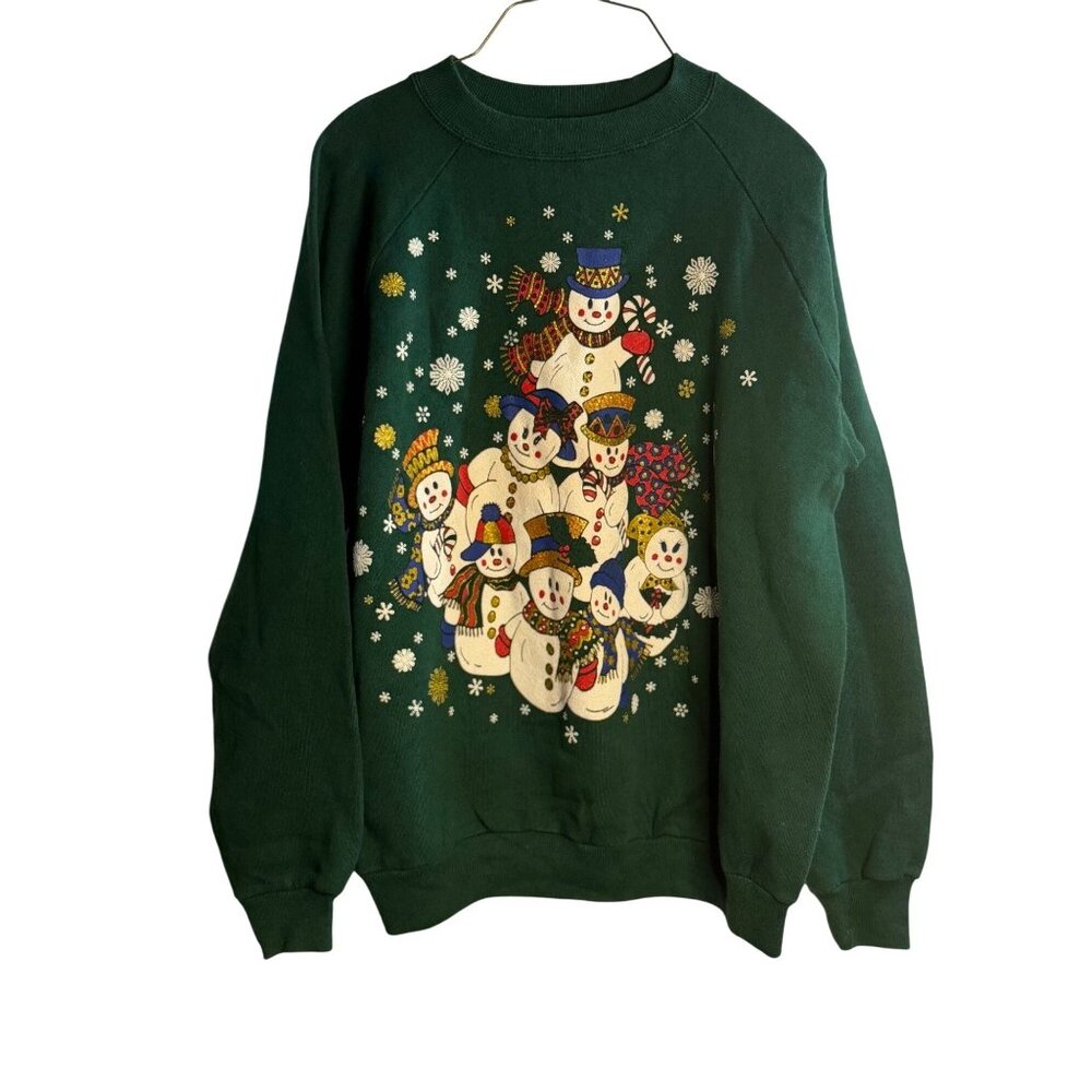 VTG Hanes Snowman Christmas Raglan Sweatshirt Women Large 26" Army Green Holiday